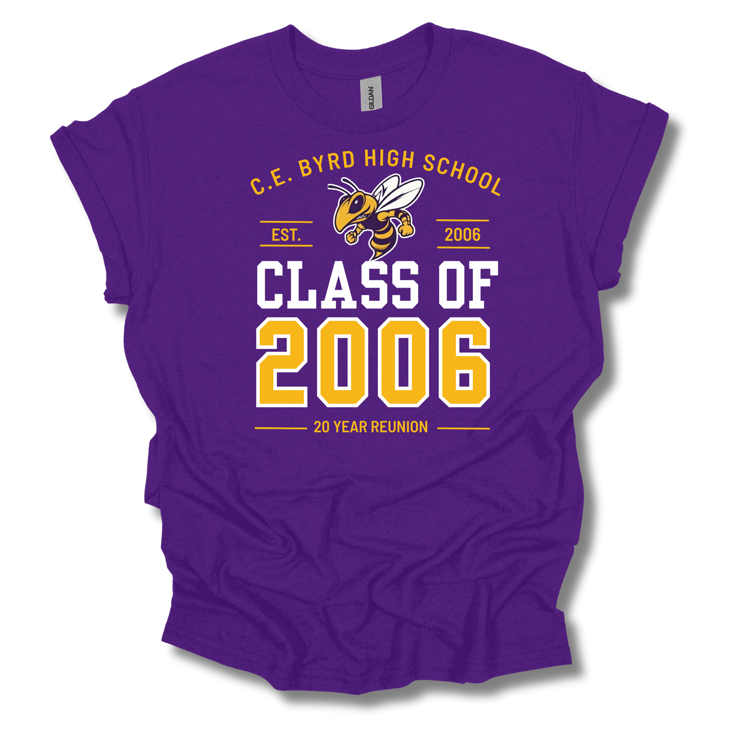 A purple short-sleeve t-shirt with a 'Class of 2006' 20-year reunion graphic for C.E.