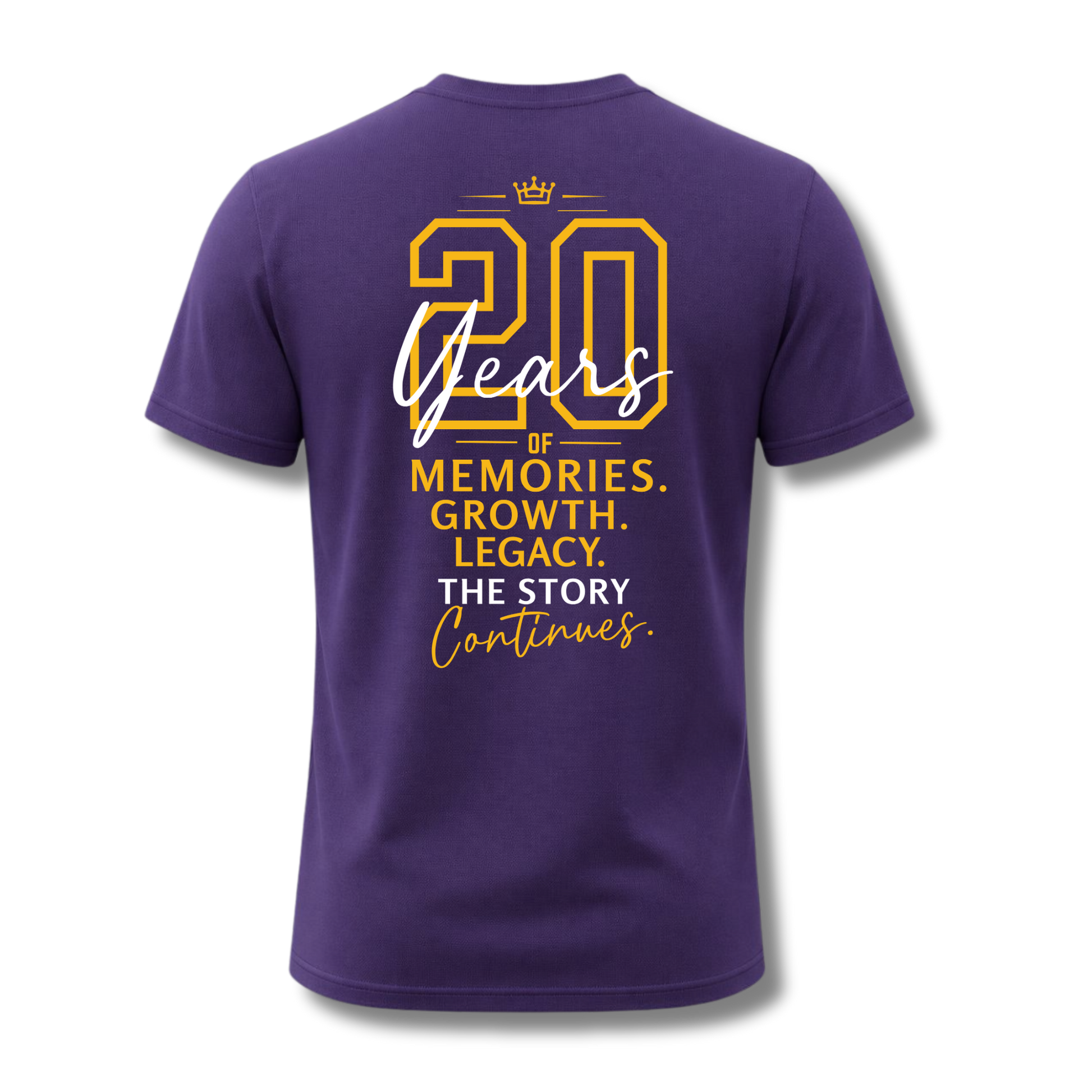 A purple short-sleeve t-shirt shown from the back, featuring a yellow and white graphic print that reads '20 Years of Memories. Growth.