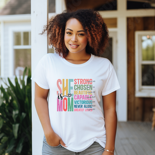 Mom Shirt - She is MOM - Strong, Beautiful & Greatly Loved Graphic Tee - women's white t-shirt