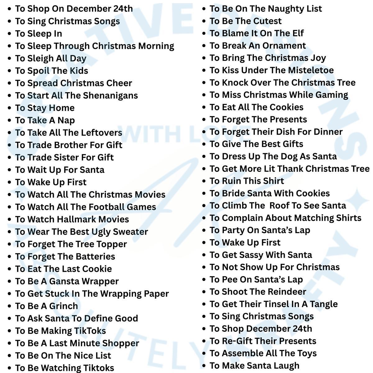 A digital graphic displaying a list of Christmas-themed funny and silly quotes on a white background with a light blue watermark.