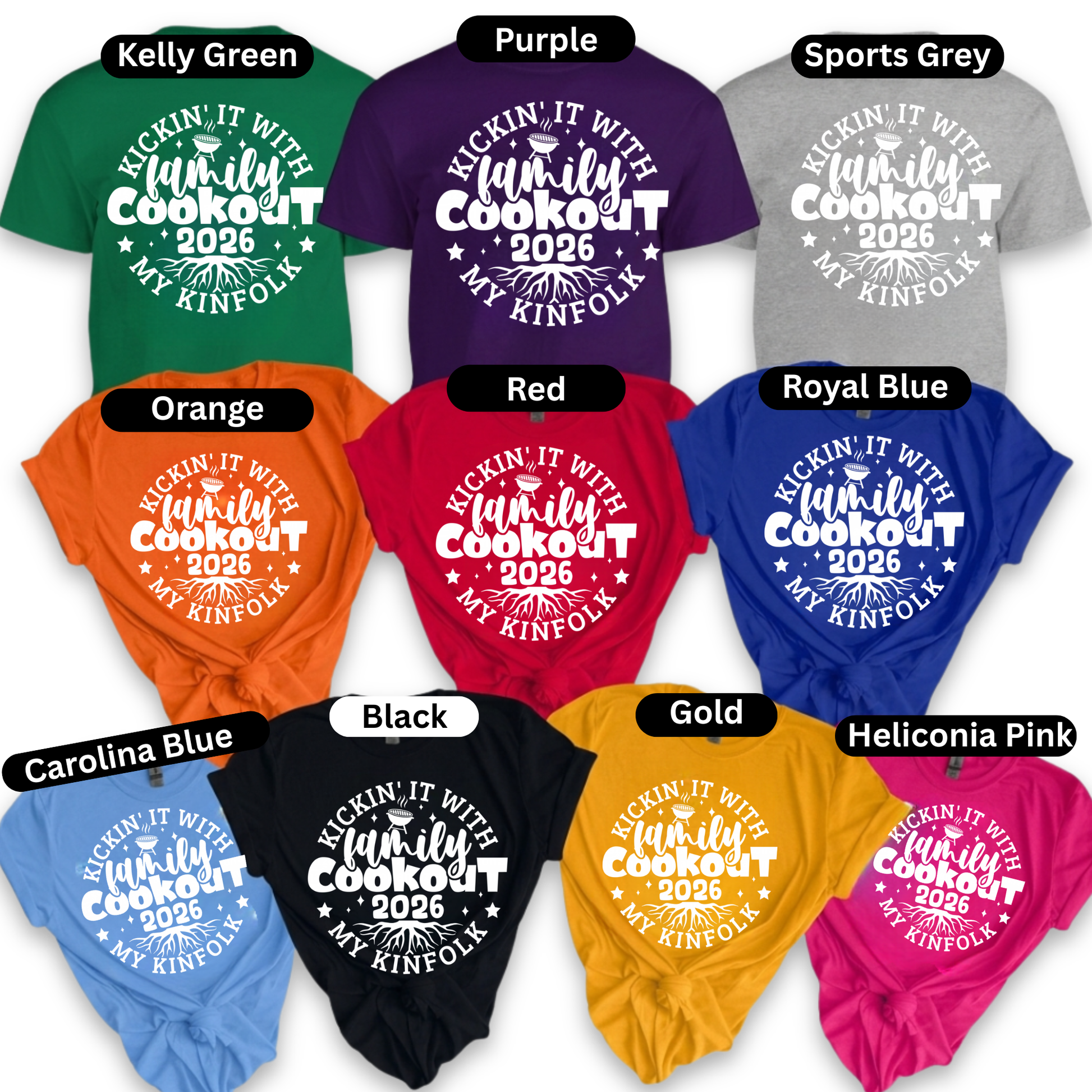 Collection of t-shirts in various colors with a family cookout design.