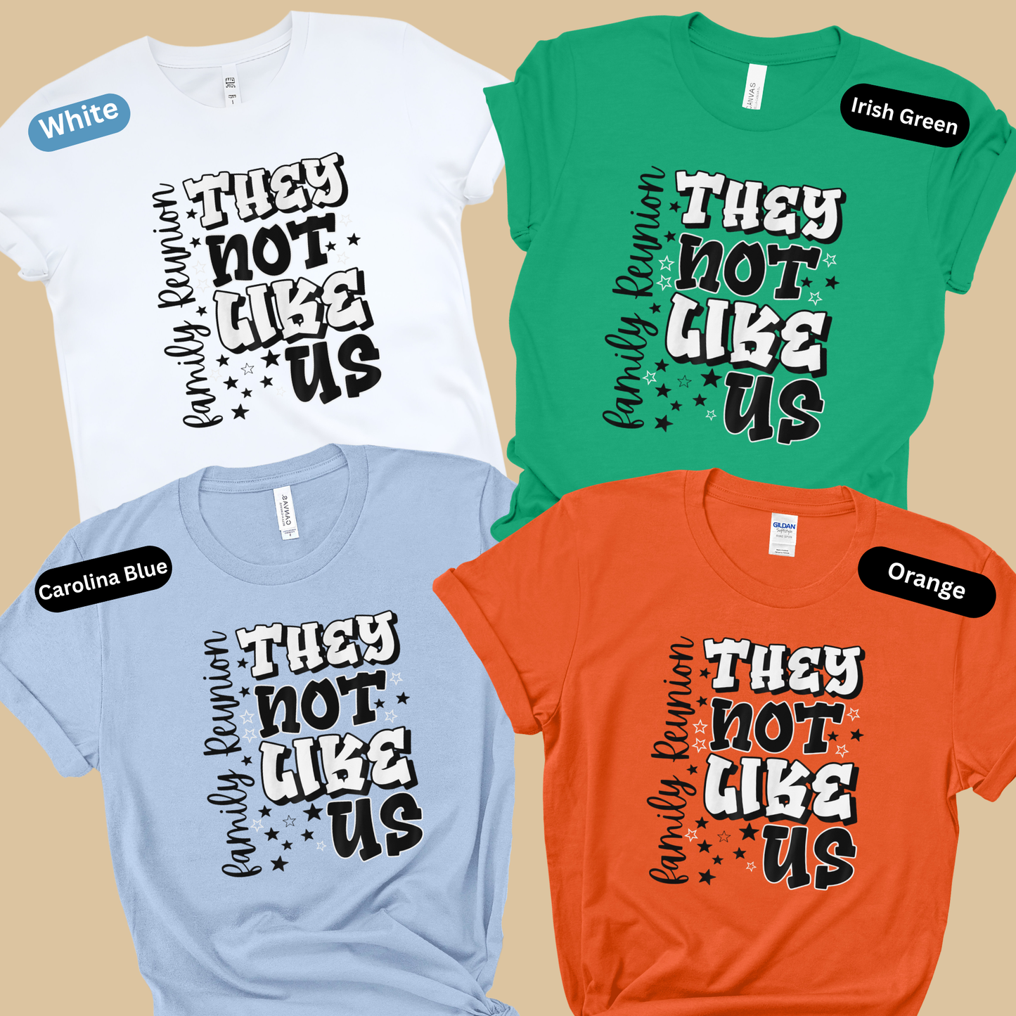 Four t-shirts in different colors with text on a beige background