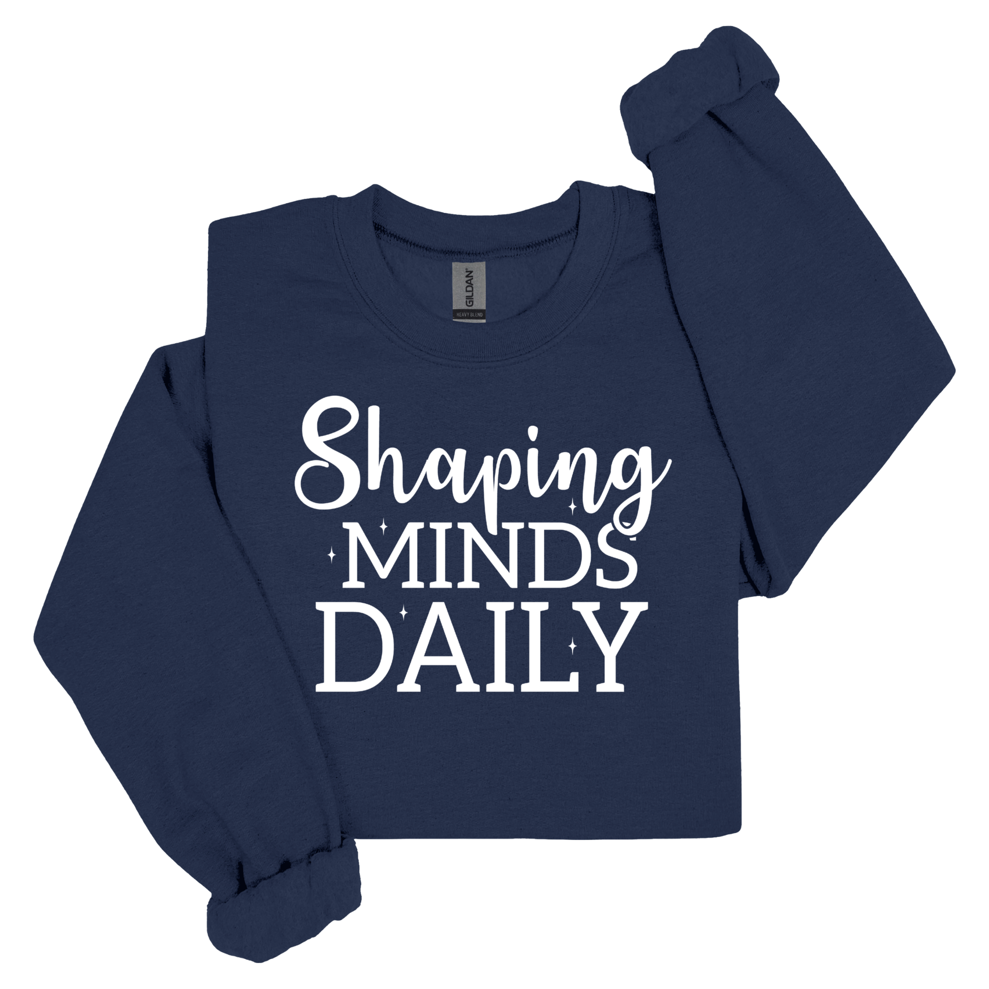 A navy blue long-sleeve sweatshirt with 'Shaping MINDS DAILY' printed in white across the front, displayed flat against a white background.
