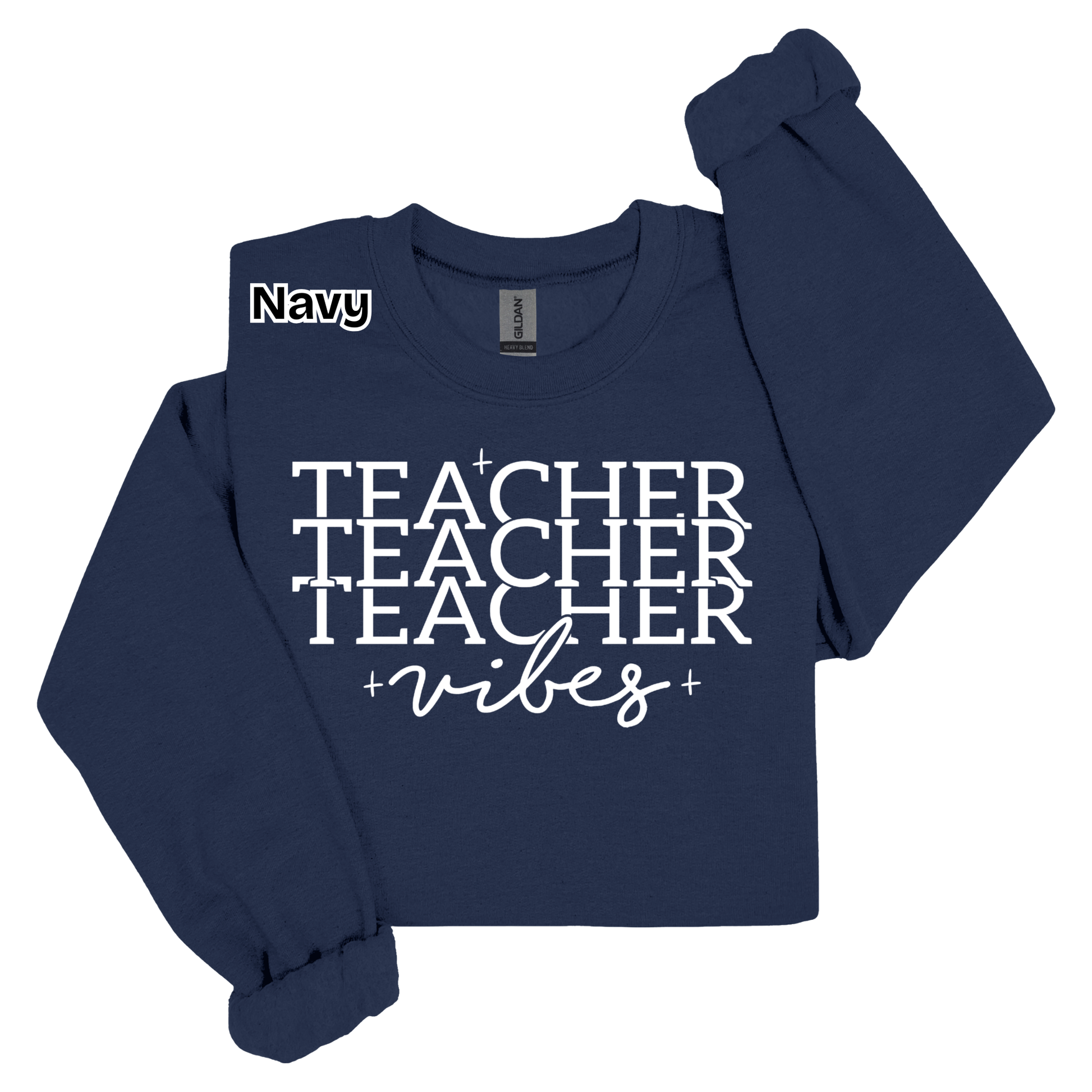 A navy blue long-sleeve crop top sweatshirt with 'TEACHER Teacher Teacher vibes' printed in white on the front, shown on a plain white background.