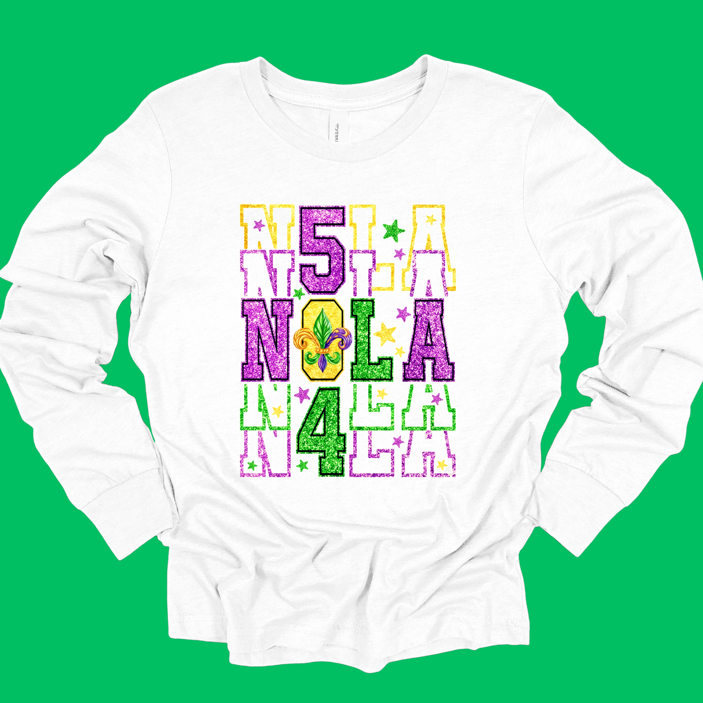 White long-sleeve shirt with colorful 'Mardi Gras' text design on a green background