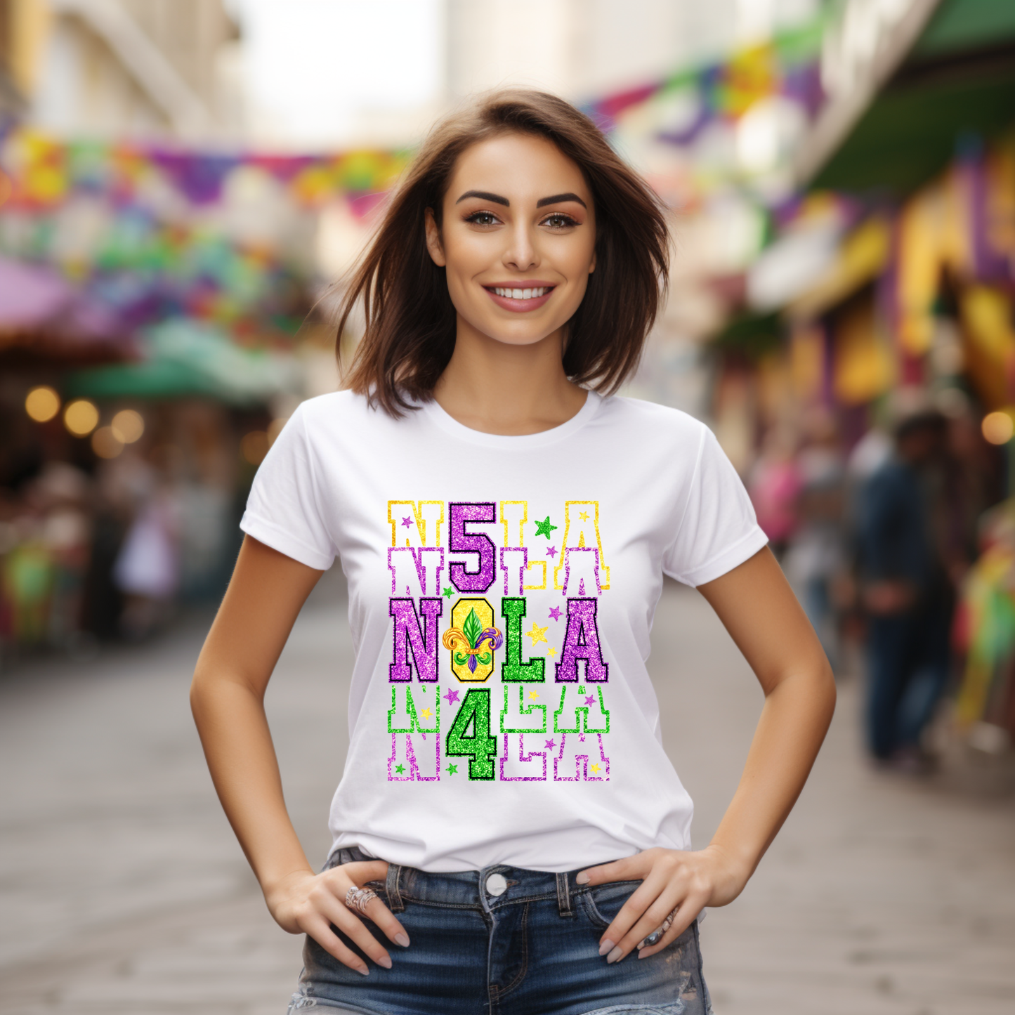 Woman wearing a white t-shirt with colorful text in an outdoor setting