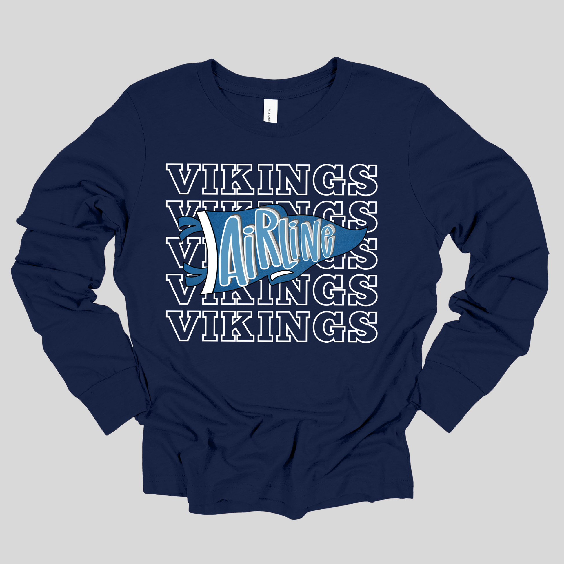 A navy blue long-sleeve t-shirt with a graphic print on the front. The design features the word 'VIKINGS' repeated in white outline text, overlaid with a blue and white stylized Viking helmet logo and the word 'AirRun' in white.