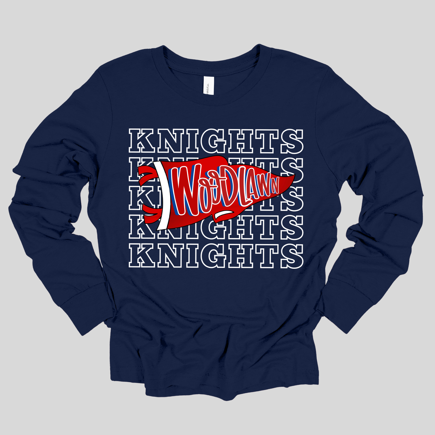A navy blue long-sleeve t-shirt with a distressed graphic on the chest featuring the word 'VIKINGS' in light blue, accented by horizontal stripes in light blue and white.