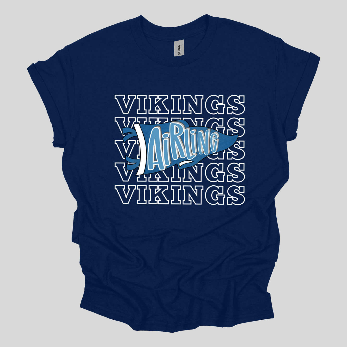 A navy blue short-sleeve t-shirt with a graphic design on the front. The design features the word 'VIKINGS' repeated in white outline text, overlaid with a light blue and white stylized 'AirLine' logo.