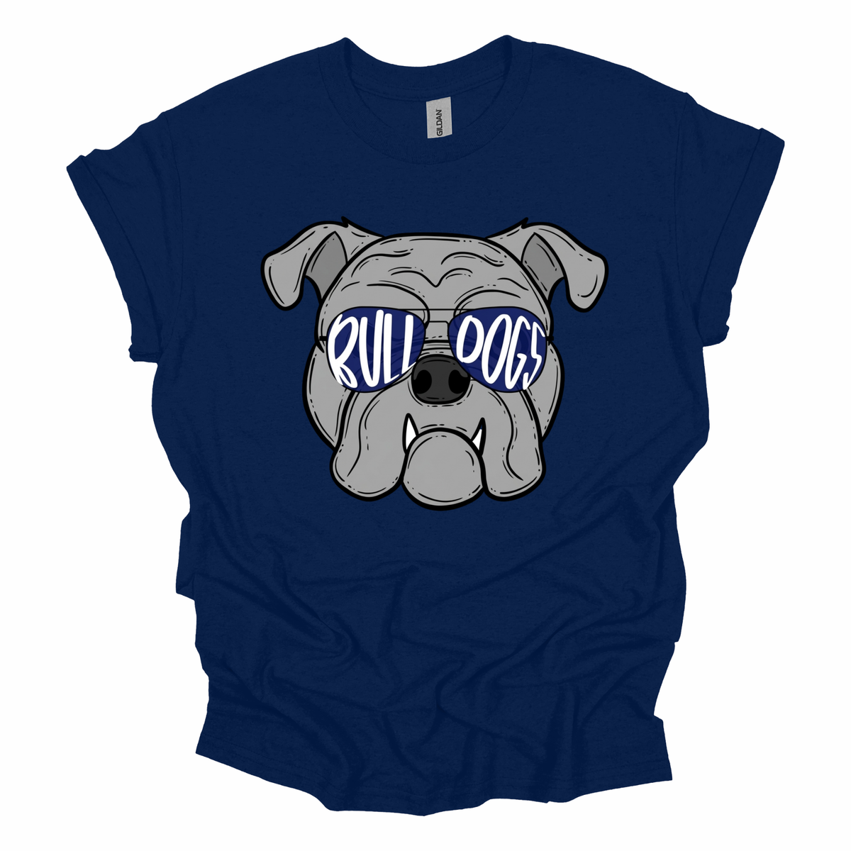 A navy blue short-sleeve t-shirt with a graphic of a gray bulldog wearing blue sunglasses with the text 'RULL DOGS' in white, displayed on a clean white background.