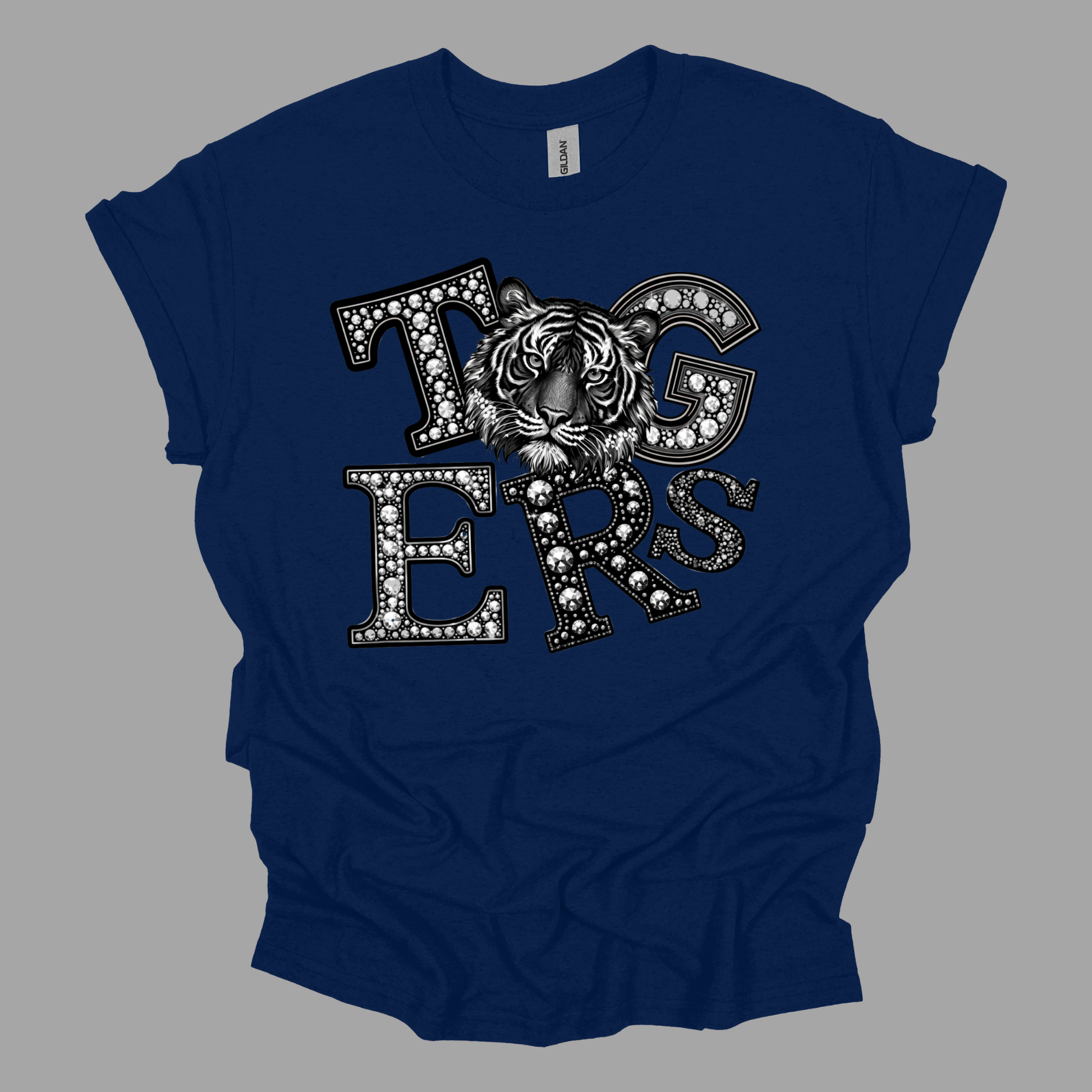 A navy blue short-sleeve t-shirt with a graphic print of the word 'HORNET' in ornate black and white letters, featuring a detailed black and white hornet bee design across the chest, laid flat on a neutral gray background.