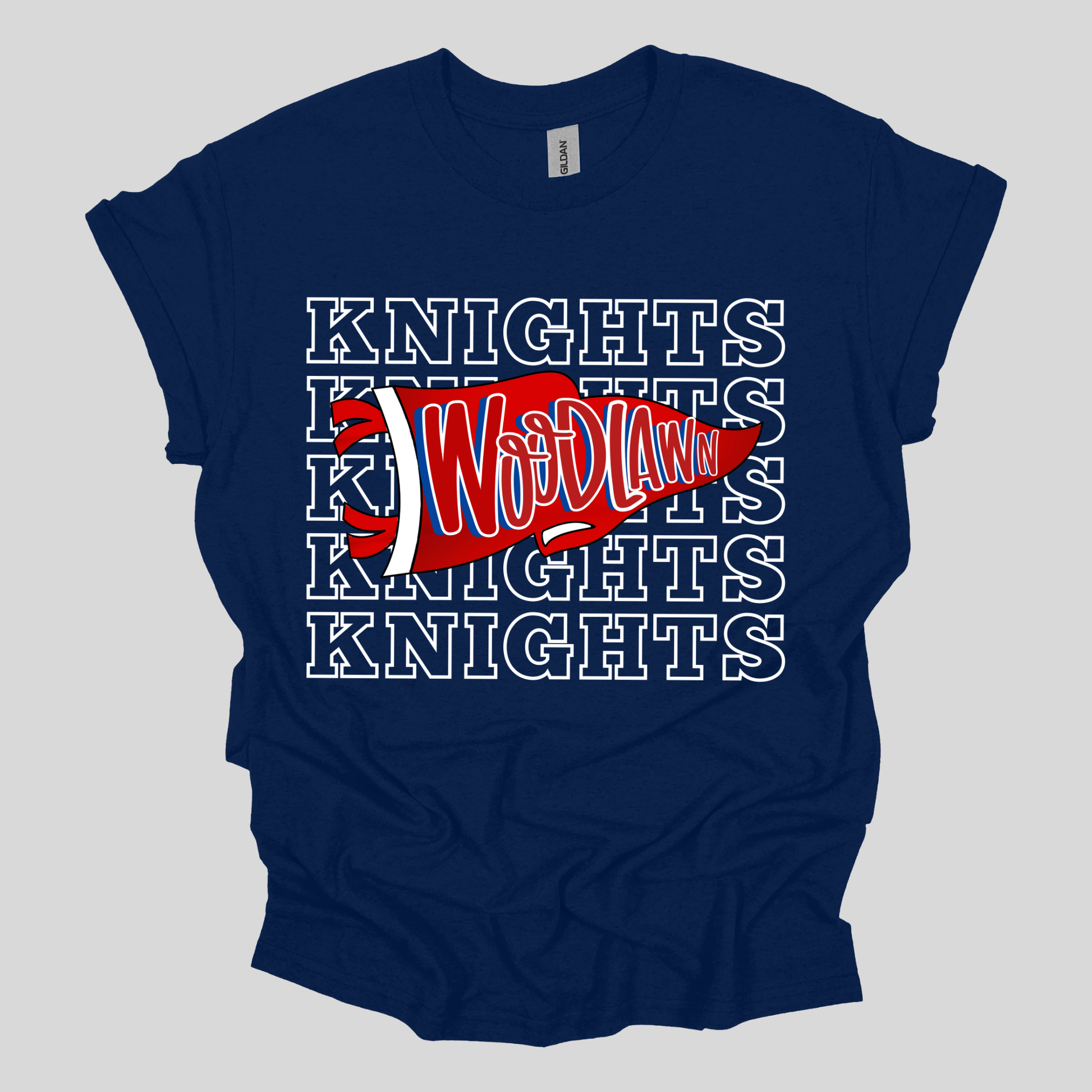 A navy blue short-sleeve t-shirt with a distressed graphic on the front featuring the word 'VIKINGS' in light blue, flanked by white and light blue horizontal stripes.