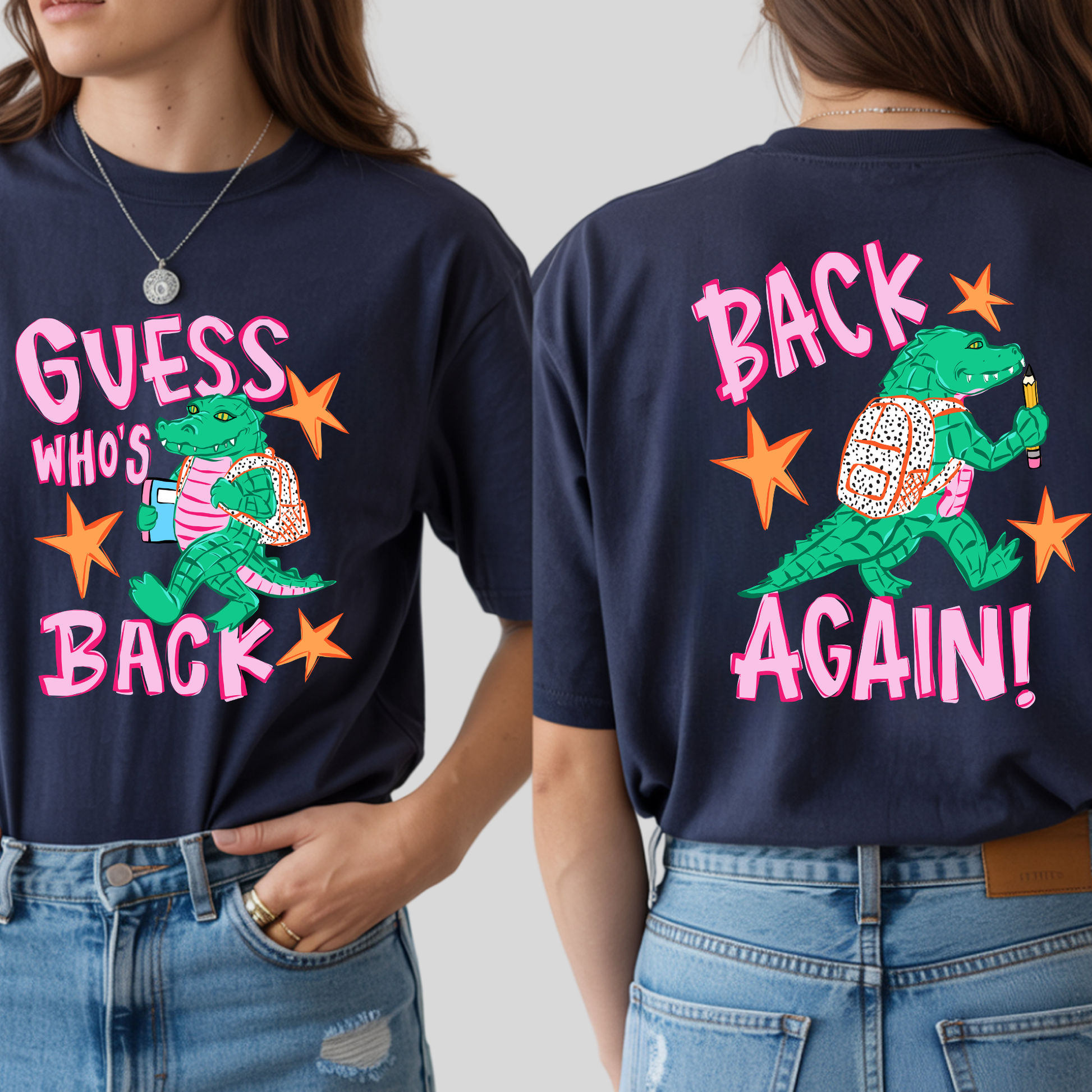 A navy blue graphic t-shirt shown on a model from both the front and back. The front features a green alligator wearing a pink striped shirt and carrying a patterned backpack, with the text 'GUESS WHO'S BACK' in pink and orange.