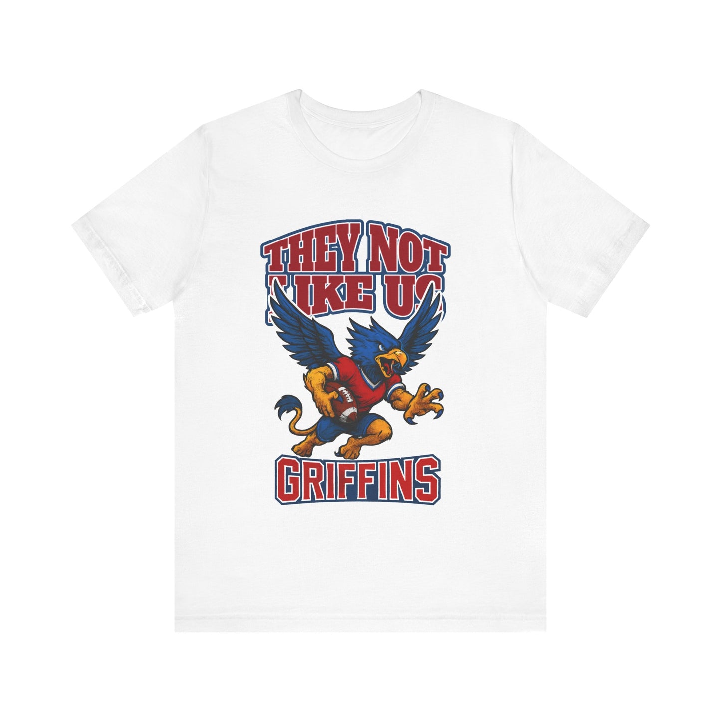 White t-shirt with a graphic of a griffin and text on a white background
