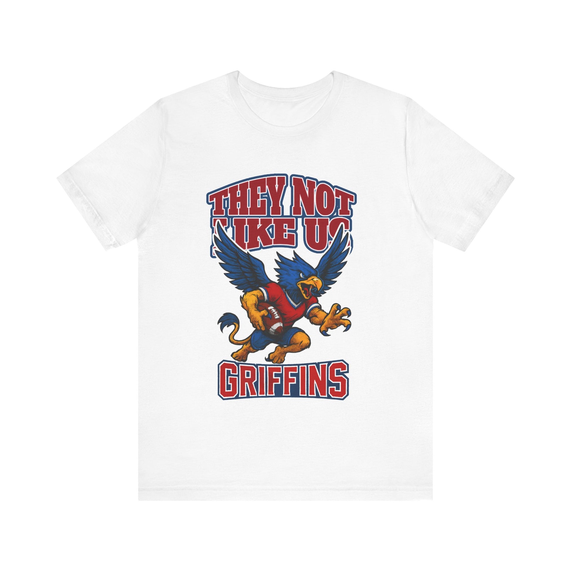 White t-shirt with a graphic of a griffin and text on a white background