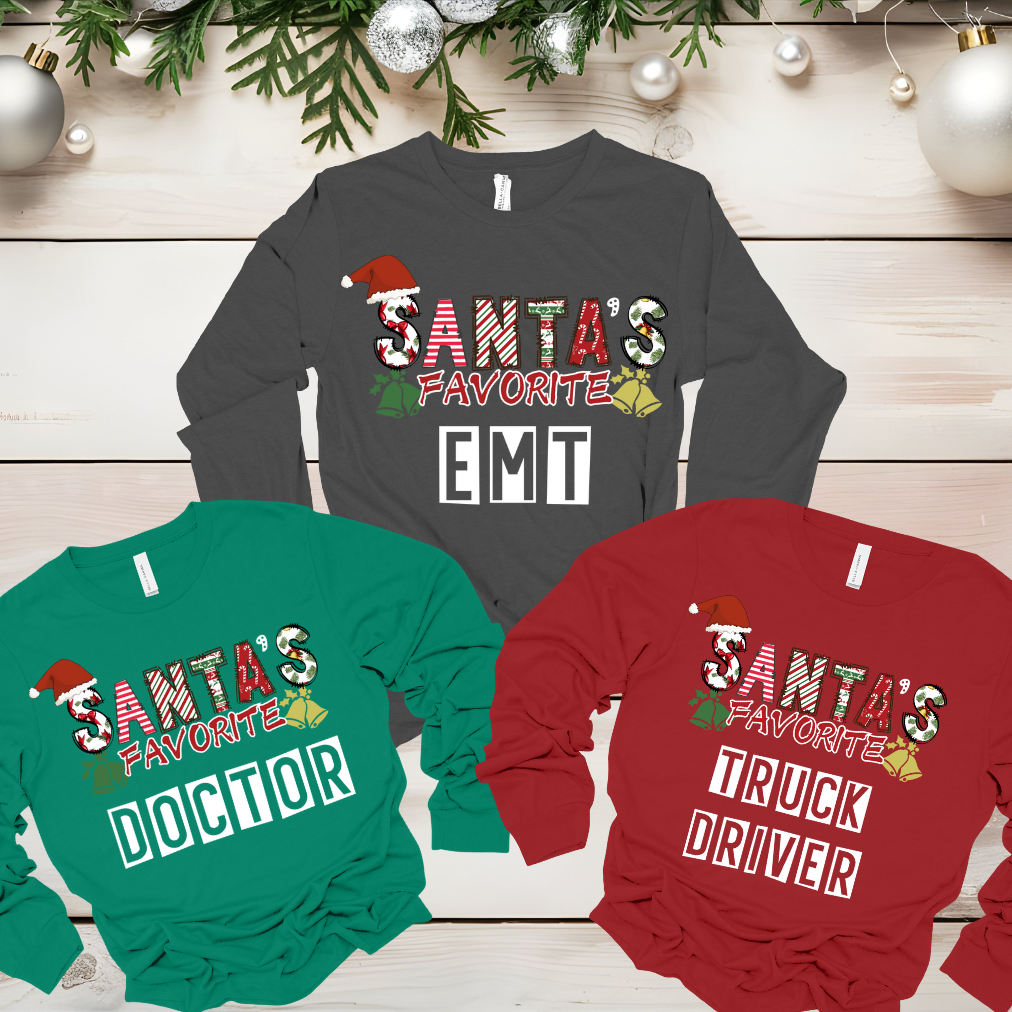 Christmas Matching Shirts for Work: "Santa's Favorite Nurse" Christmas Long Sleeve Occupation Shirt