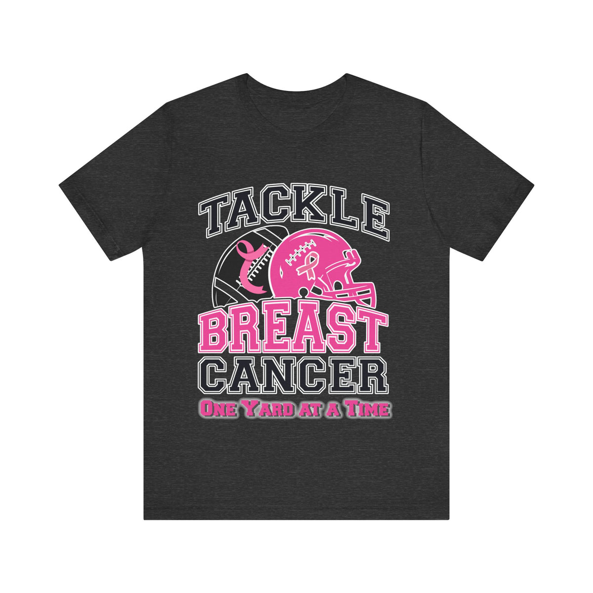 Black t-shirt with pink and white text and graphics on a white background