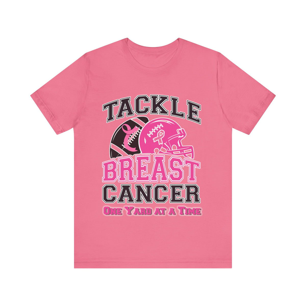 Pink t-shirt with 'Tackle Breast Cancer' graphic on a white background