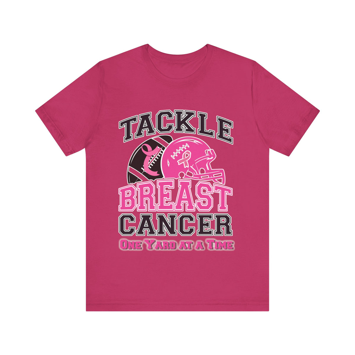 Pink t-shirt with 'Tackle Breast Cancer One Yard at a Time' text and graphics on a white background