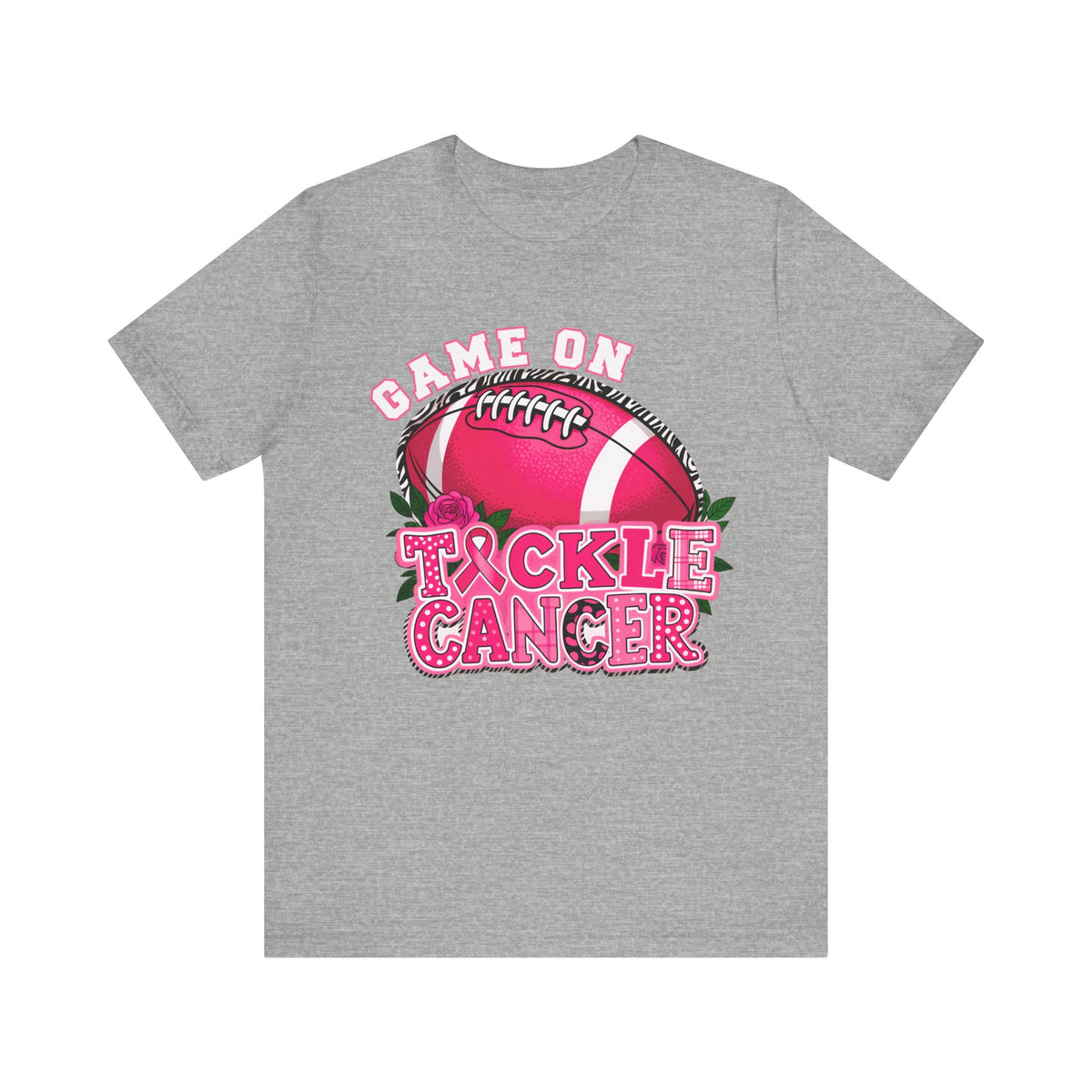 Gray t-shirt with pink football graphic and 'Tackle Cancer' text on a white background