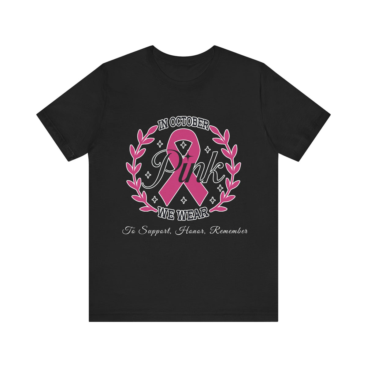 Black t-shirt with pink breast cancer awareness design on a white background