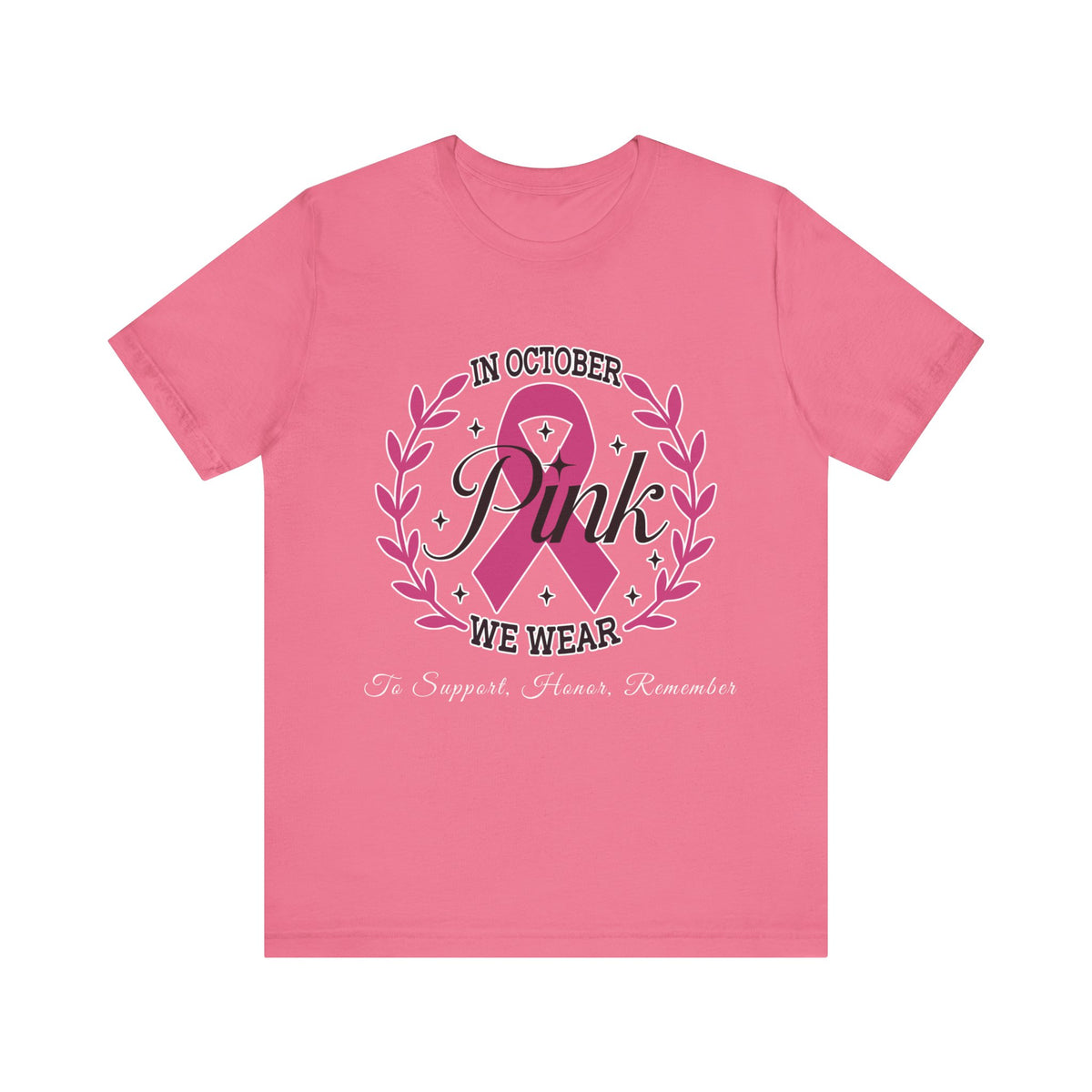 Pink t-shirt with breast cancer awareness design on a white background