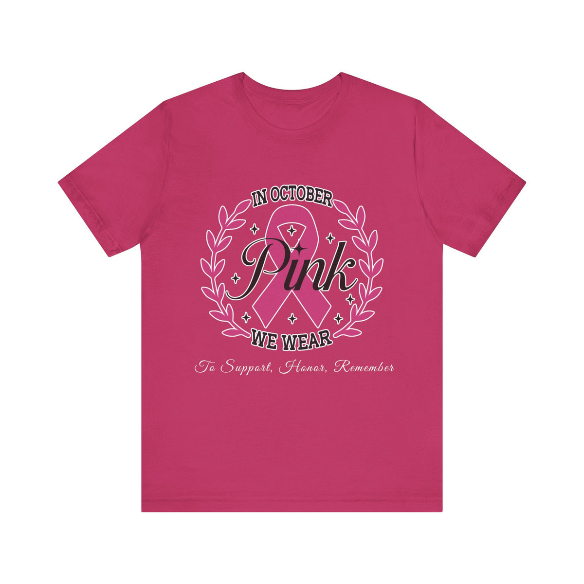 Pink t-shirt with breast cancer awareness design on a white background