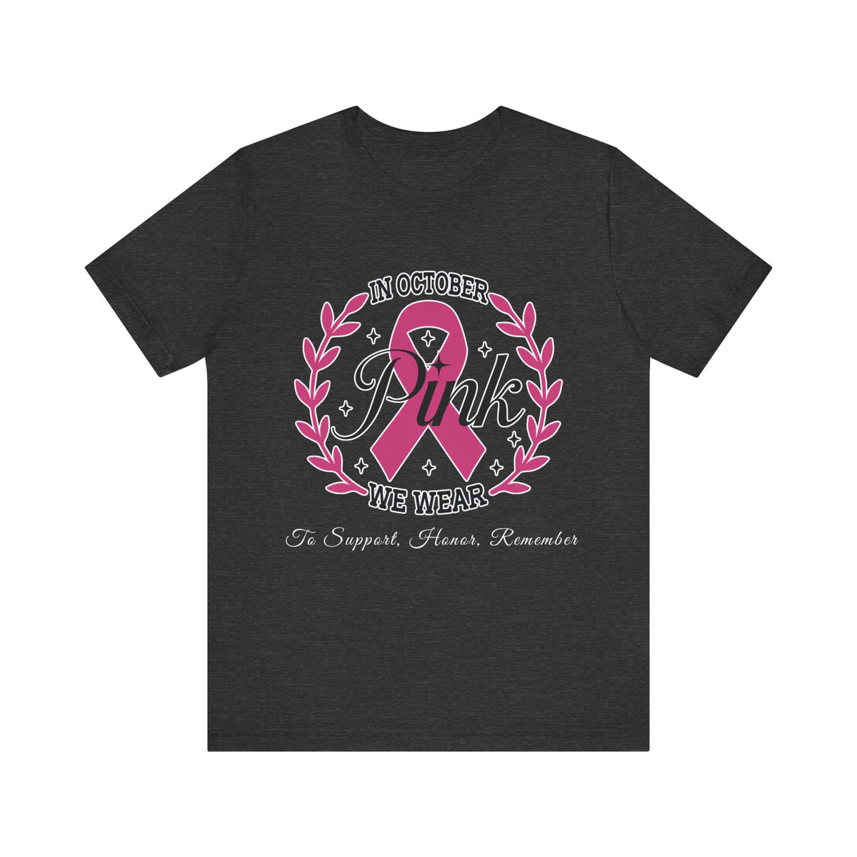 Black t-shirt with pink breast cancer awareness design on a white background