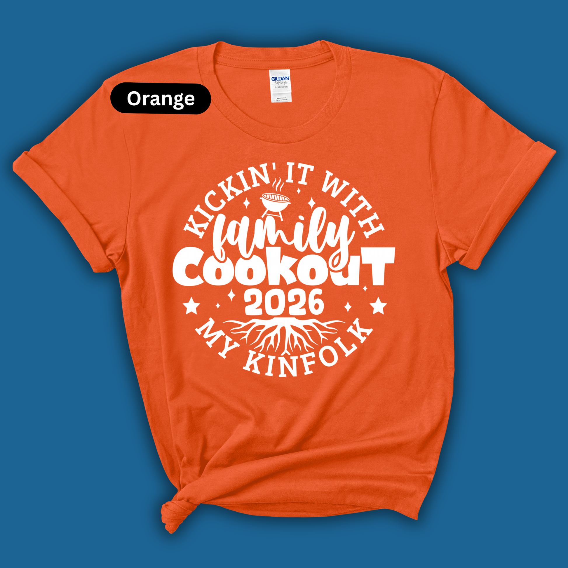 Orange t-shirt with white text on a blue background