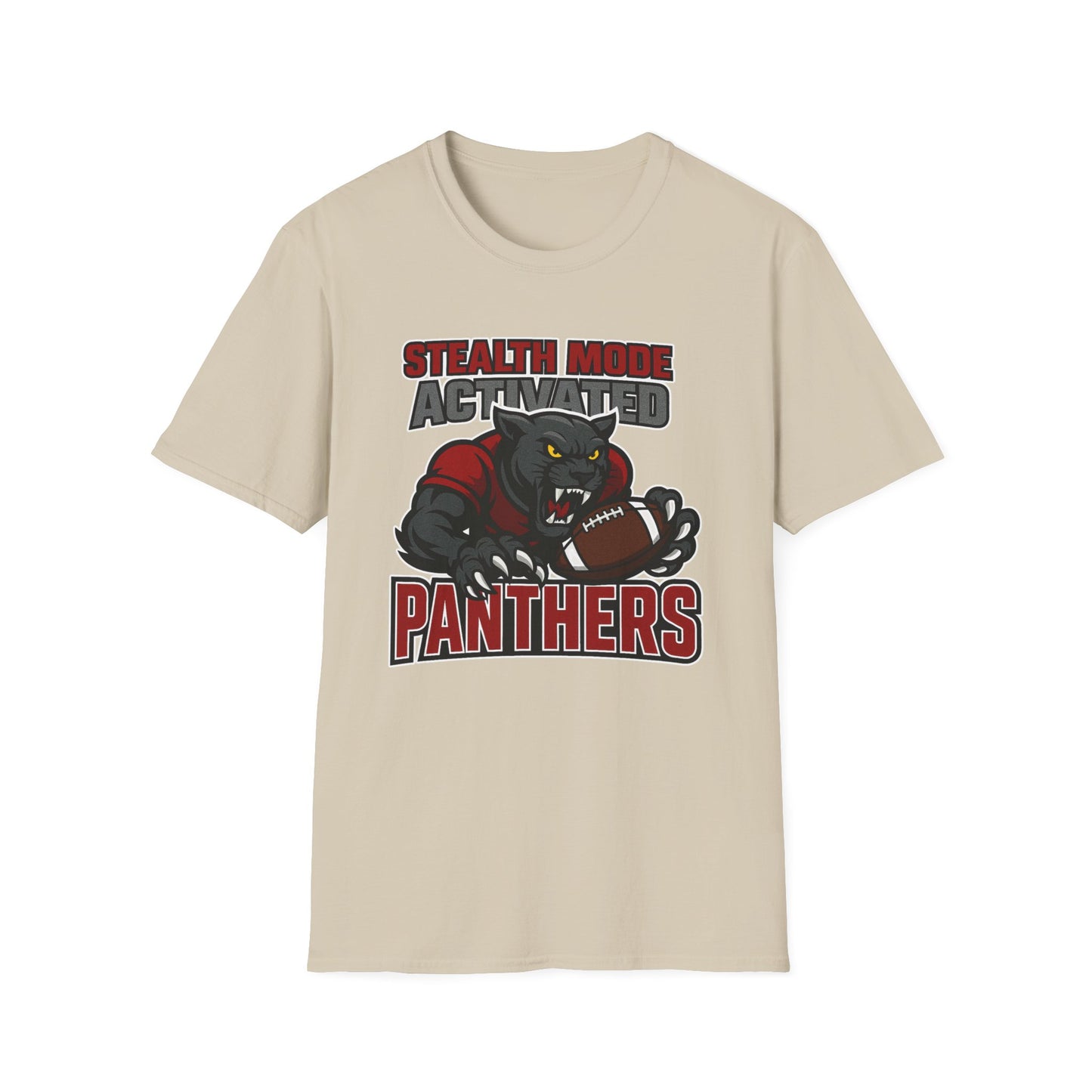 Beige t-shirt with panther graphic and text on a white background