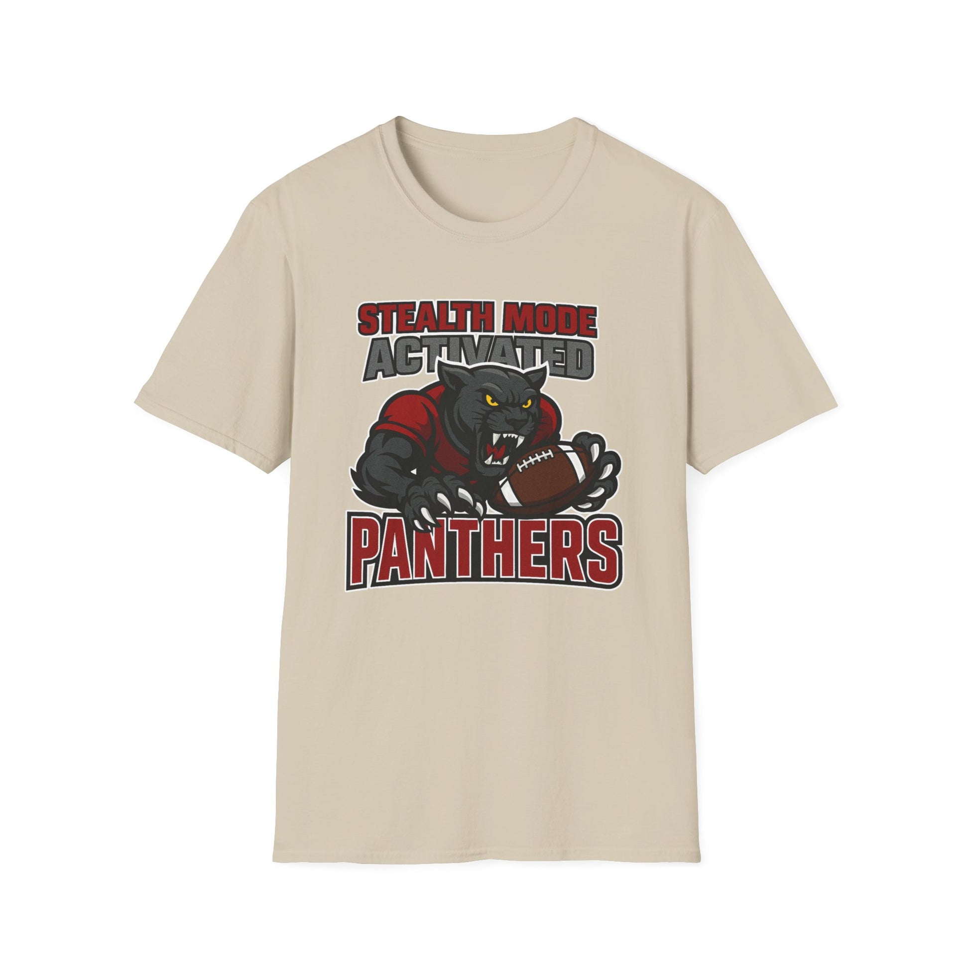 Beige t-shirt with panther graphic and text on a white background