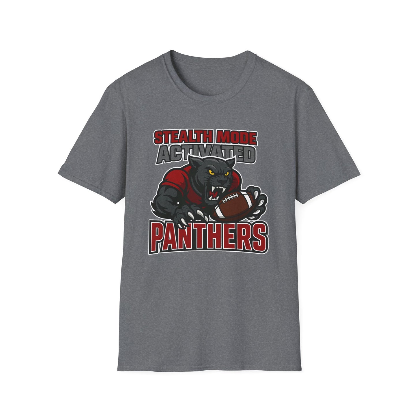 Gray t-shirt with panther graphic and text on a white background