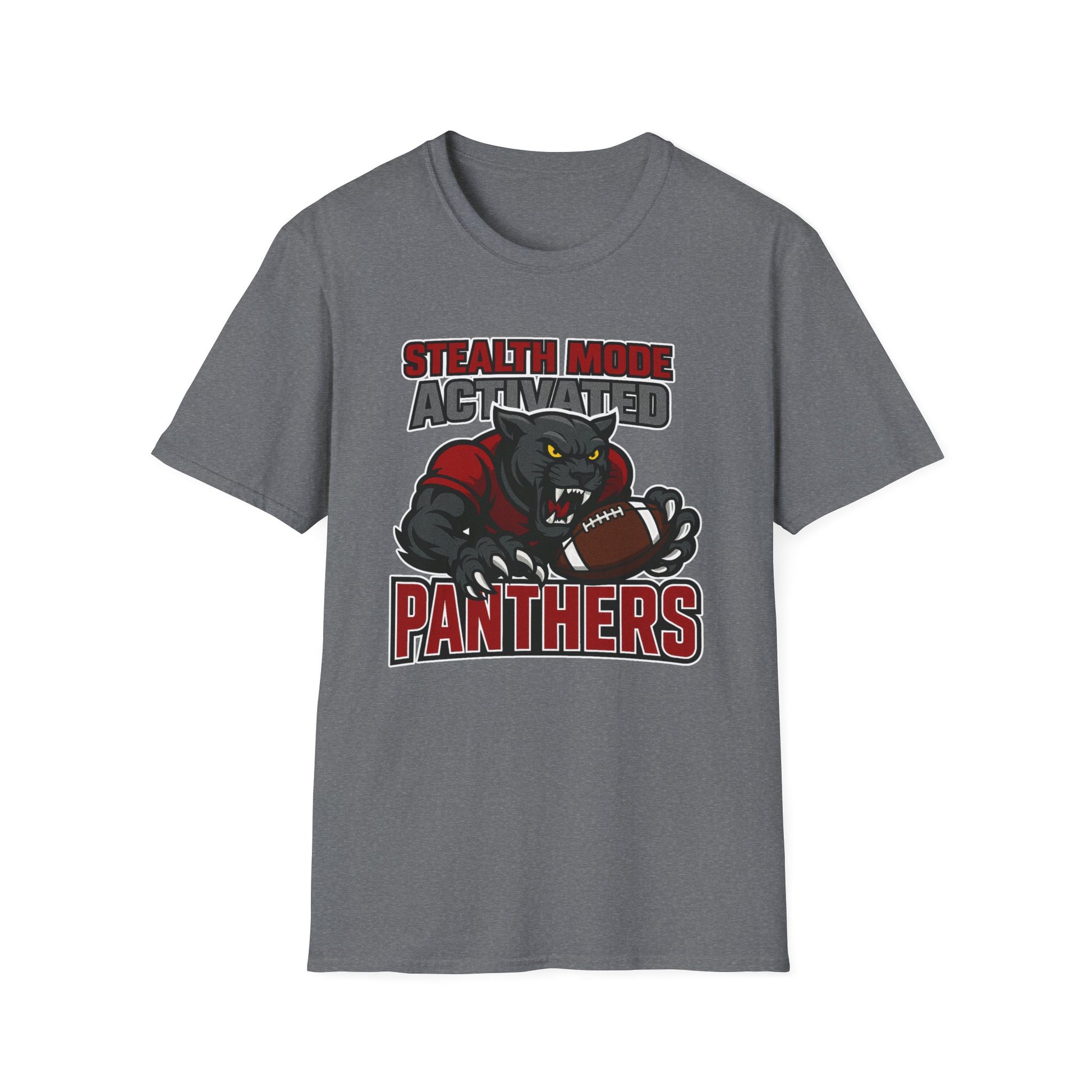 Gray t-shirt with panther graphic and text on a white background