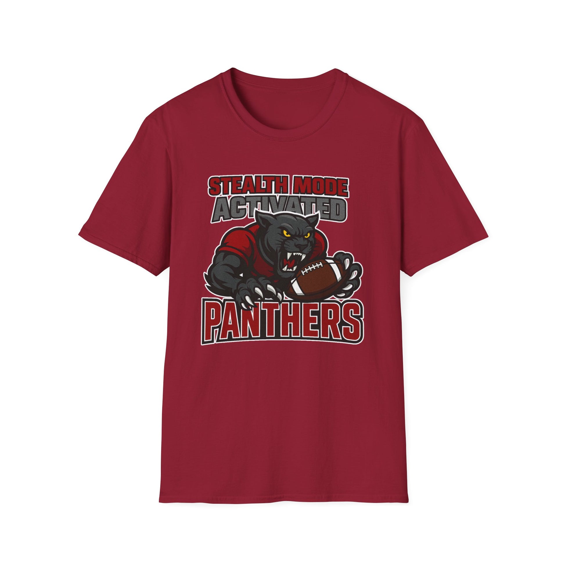 Red t-shirt with panther graphic and text on a white background