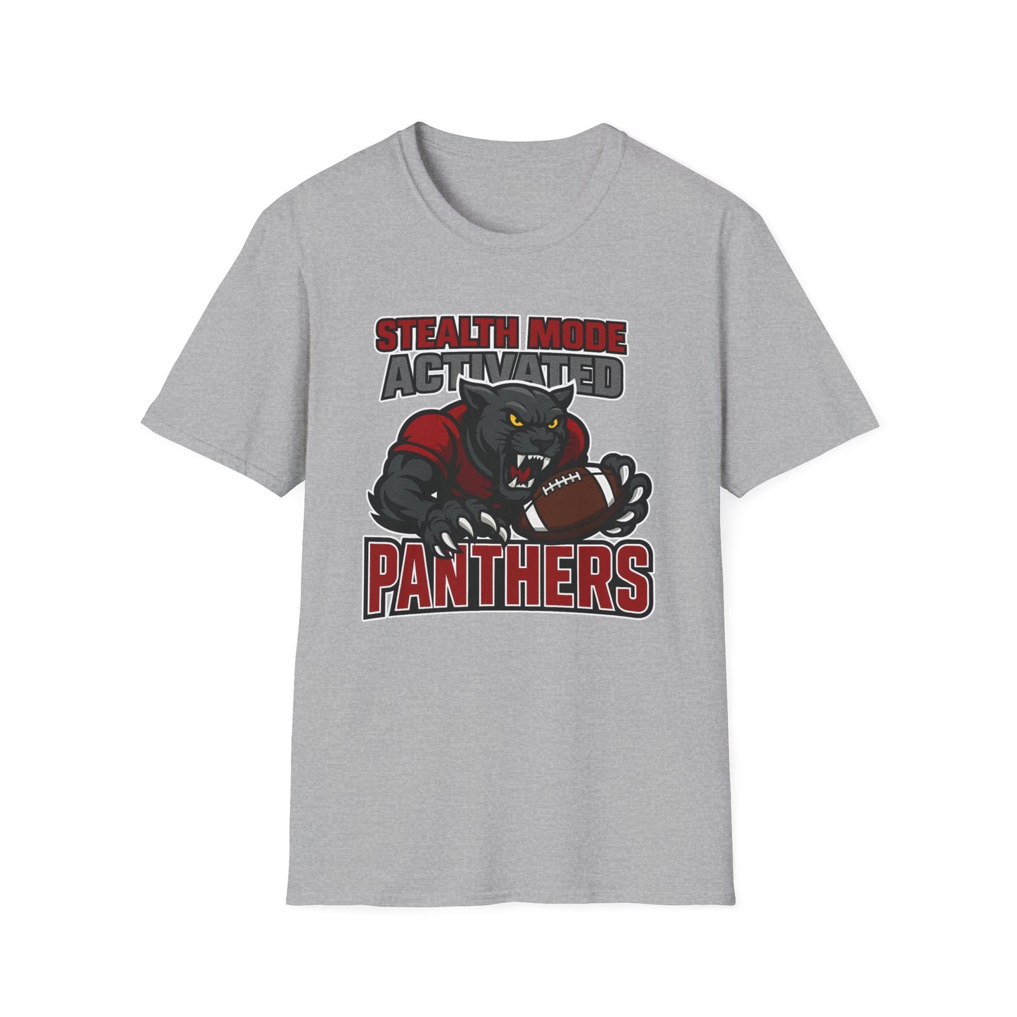 Gray t-shirt with panther graphic and text on a white background