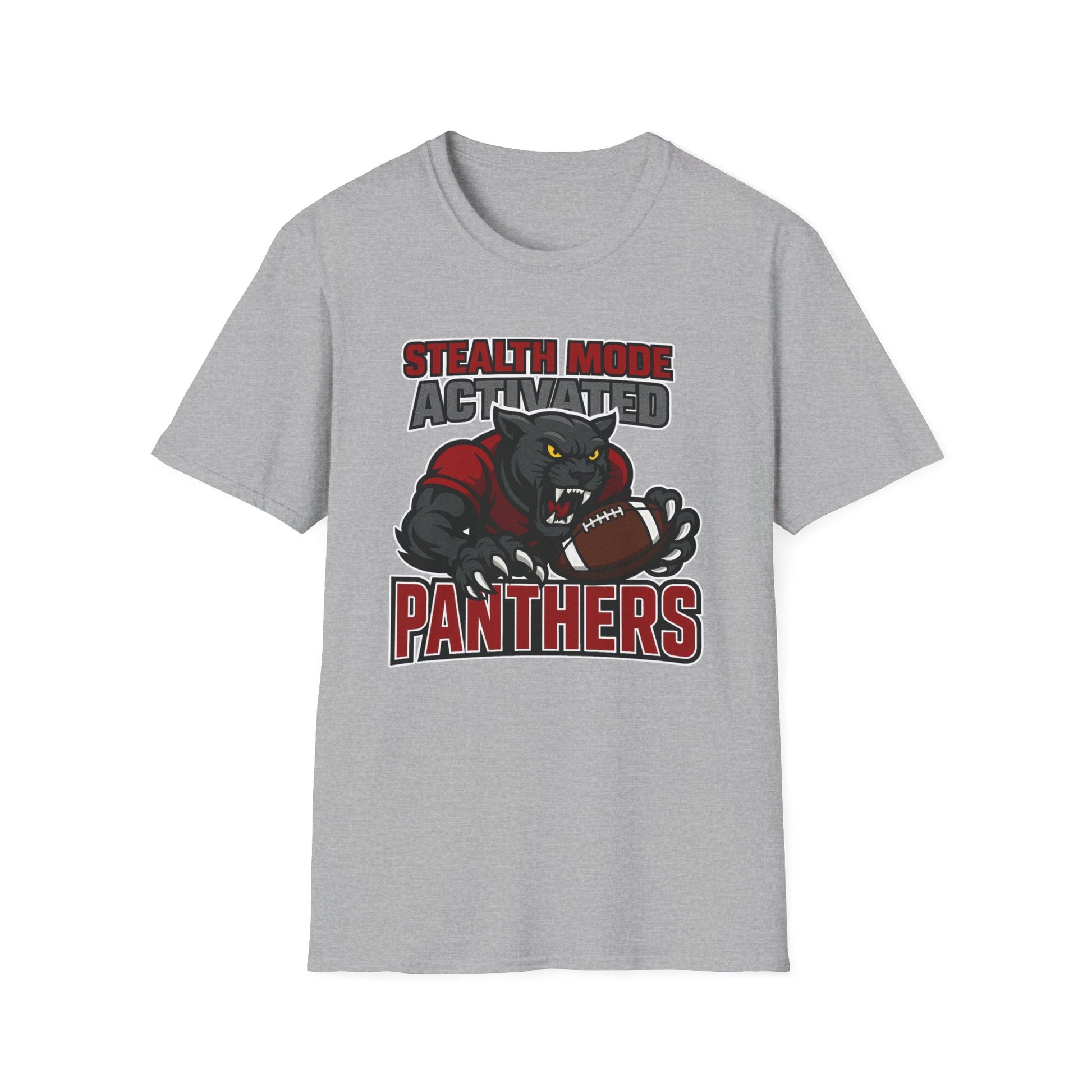 Gray t-shirt with panther graphic and text on a white background