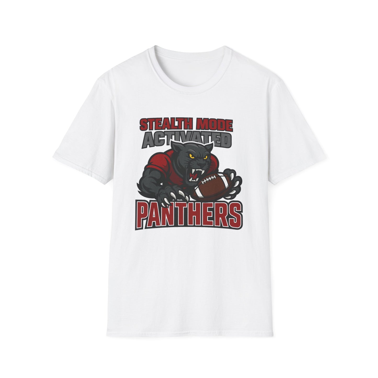 White t-shirt with a panther graphic and text on a white background