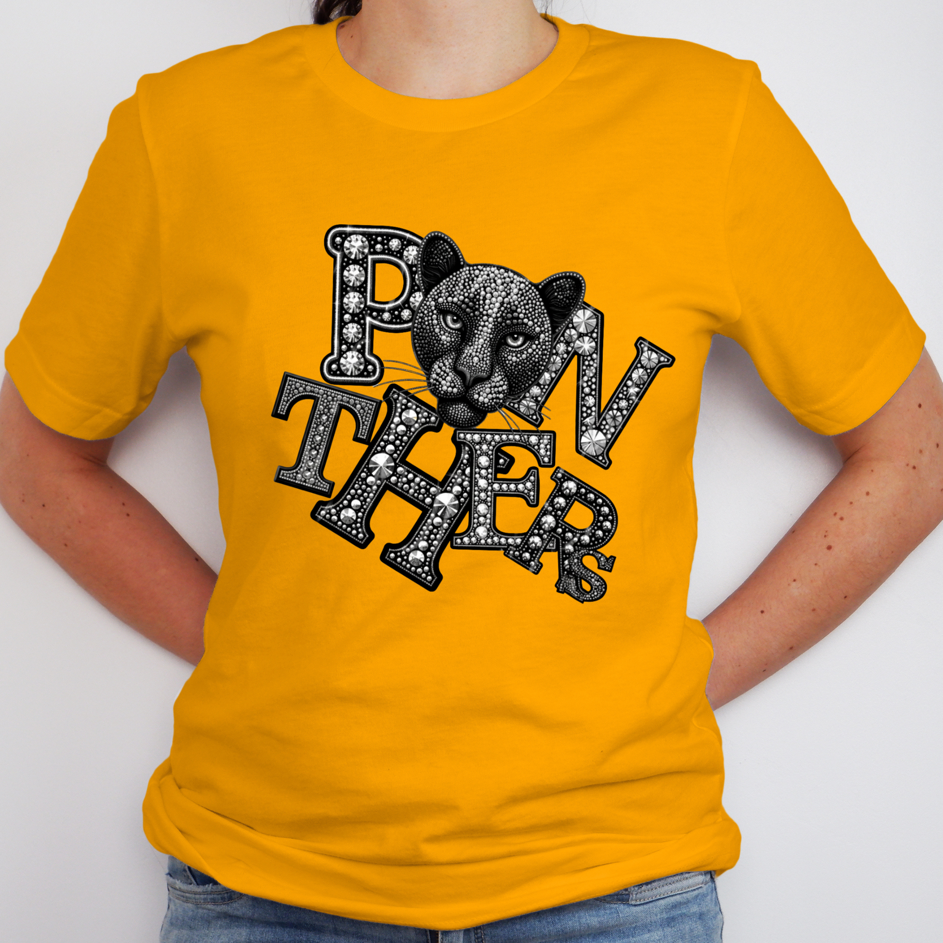 Panthers Spirit Shirt - Sparkly Bling Panther Faux Rhinestone Mascot T-shirt