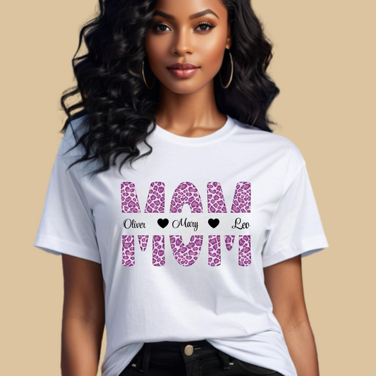Personalized Mom Shirt - Mom's Heartfelt Keepsake - Custom Kid Name Leopard Print Tee - Purple Leopard Print Women's Shirt