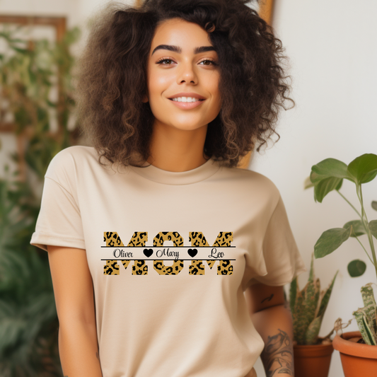Personalized Mom Shirt: Personalized Mom Custom Kid Name Tee - Leopard Print