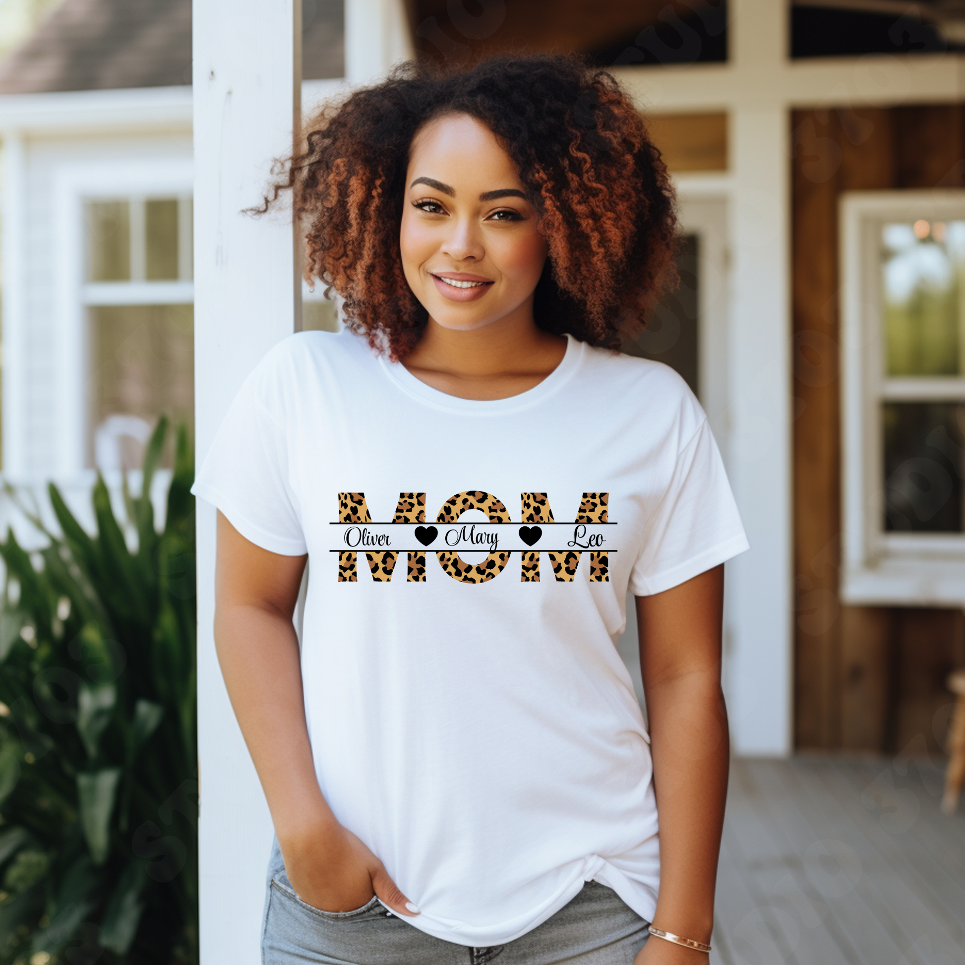 Personalized Mom Shirt: Personalized Mom Custom Kid Name Tee - Leopard Print v2