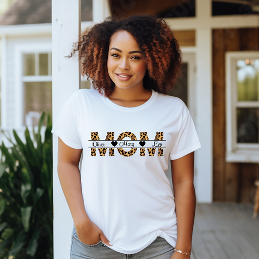 Personalized Mom Shirt: Personalized Mom Custom Kid Name Tee - Leopard Print v2