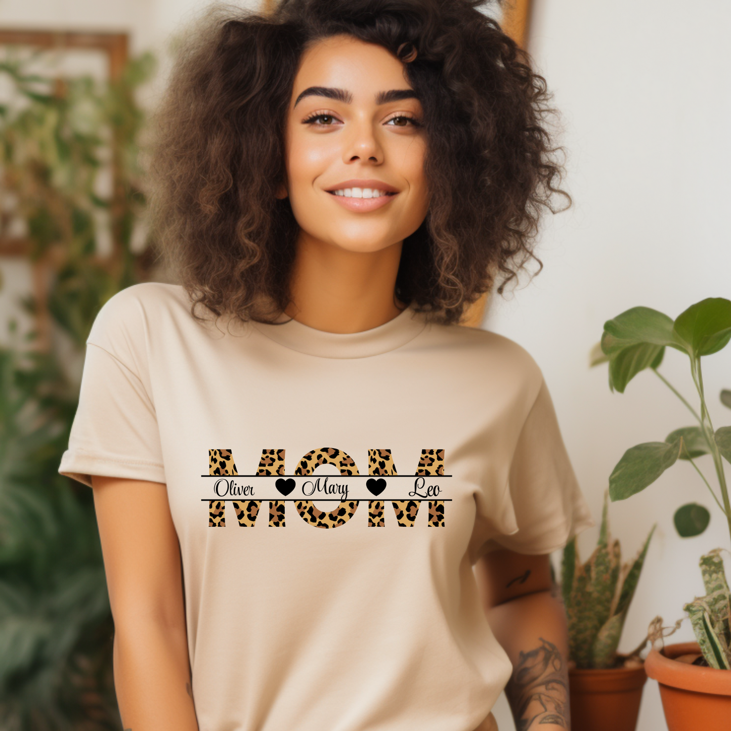 Personalized Mom Shirt: Personalized Mom Custom Kid Name Tee - Leopard Print v2 - Women's Sand Color Tee 