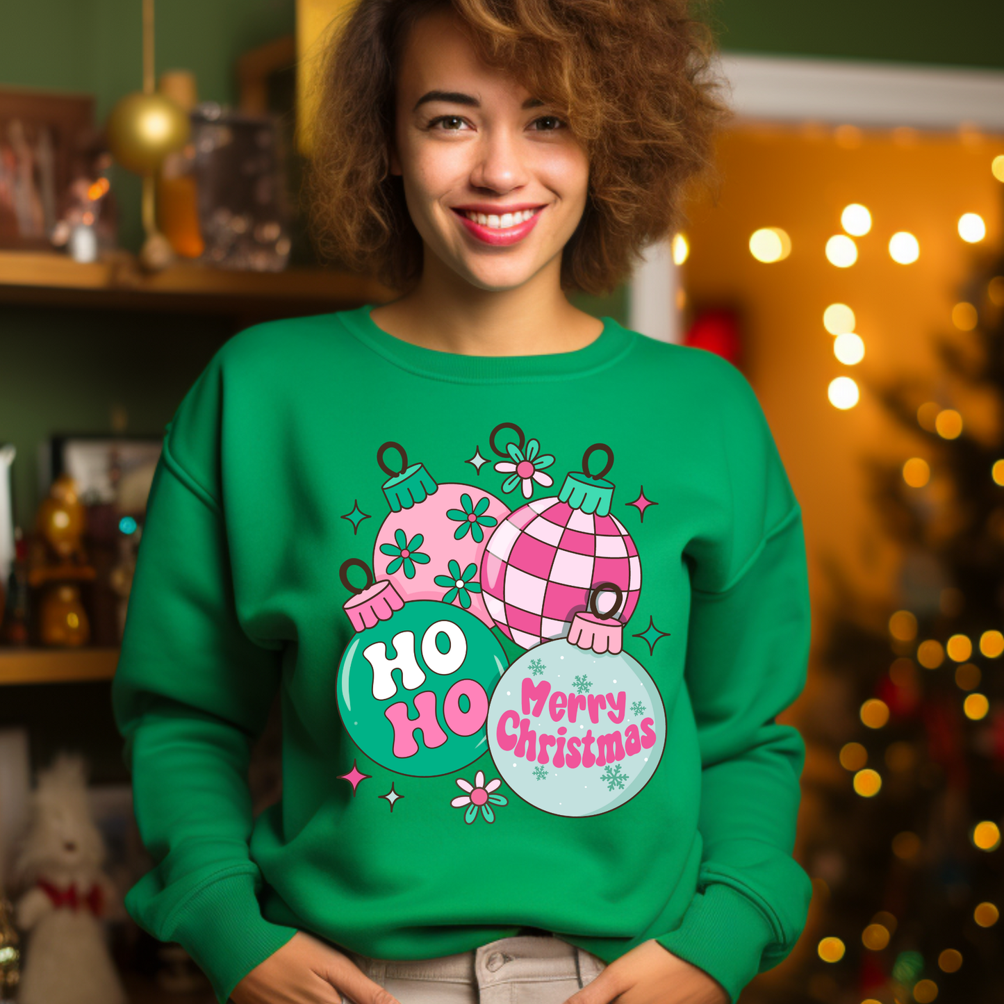 Person wearing a green 'Ho Ho Merry Christmas' sweater with festive decorations in a decorated room.