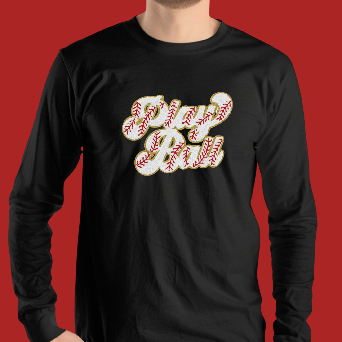 Black long-sleeve shirt with 'Baseball' design on a red background