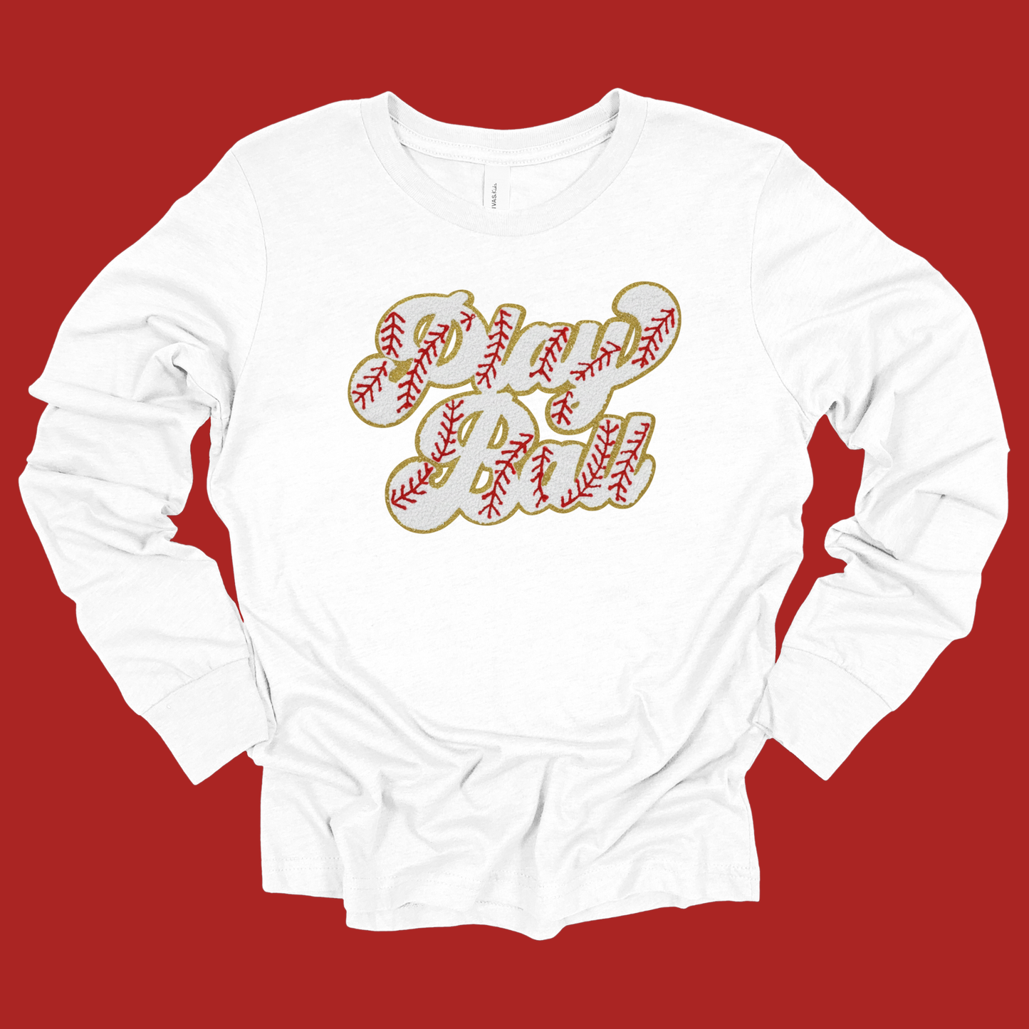 White long-sleeve shirt with baseball-themed design on a red background