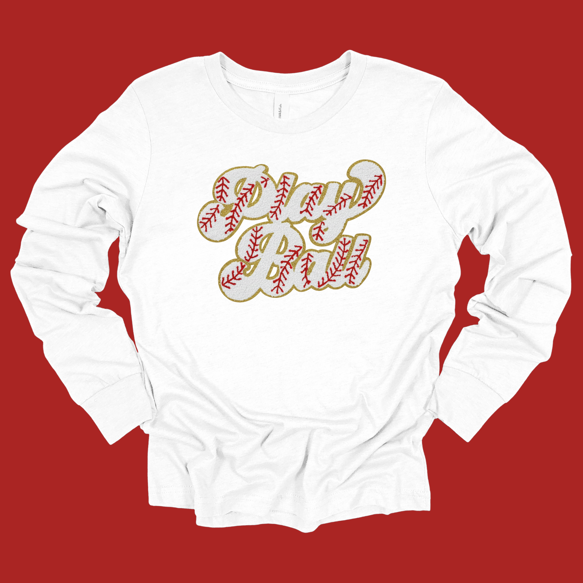 White long-sleeve shirt with baseball-themed design on a red background