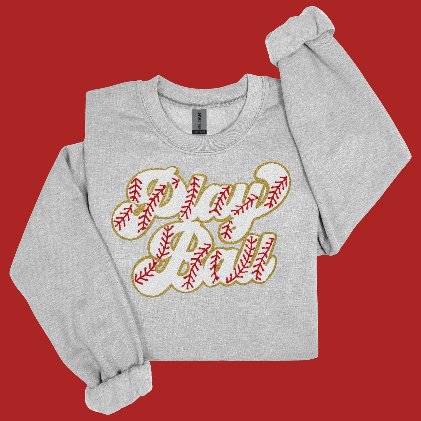 Gray sweatshirt with 'Play Ball' text on a red background