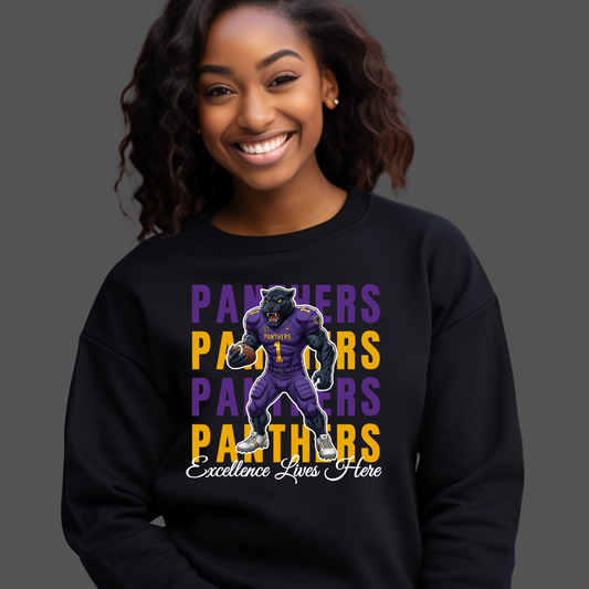 Person wearing a black sweatshirt with a panther graphic and text on a dark background  Prairie View Panthers  Sweatshirt: HBCU Game Day Football Cozy Sweater