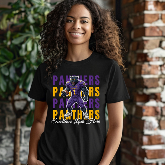 Person wearing a black t-shirt with a panther graphic and text in front of a brick wall. Prairie View Panthers Football T-Shirt: Excellence Lives Here Game Day Comfy Tee